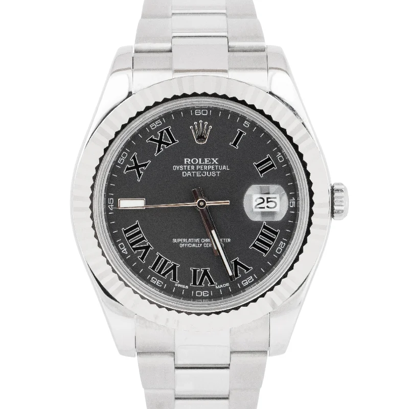 Elegant Gold Watches for Weddings-Rolex DateJust II Gray Black Roman Dial 41MM Steel 18K White Gold Watch 116334