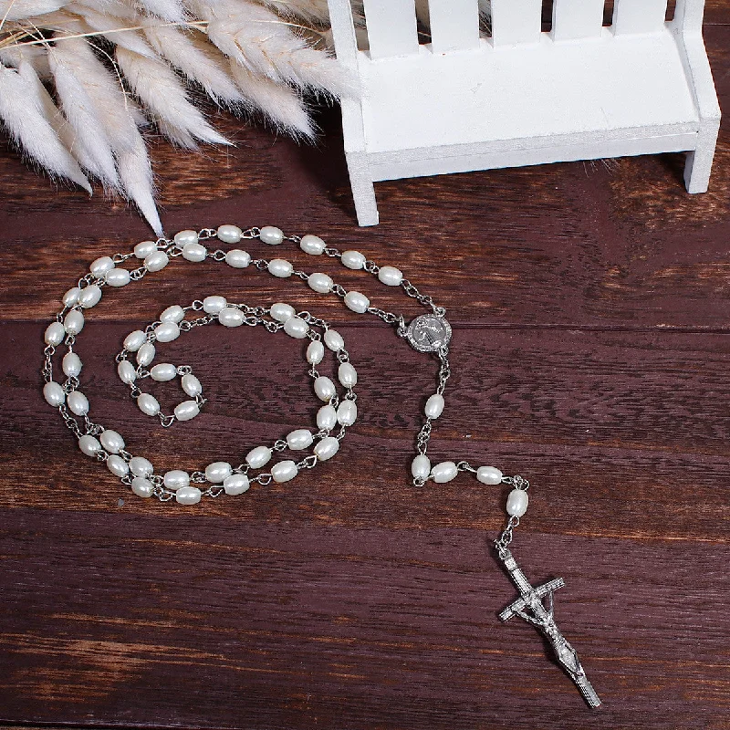 Bridal Necklace with Pearls-SEXY SPARKLES Christian / Catholic Jesus Religious Prayer Rosary Beads Y Shaped Lariat Necklace