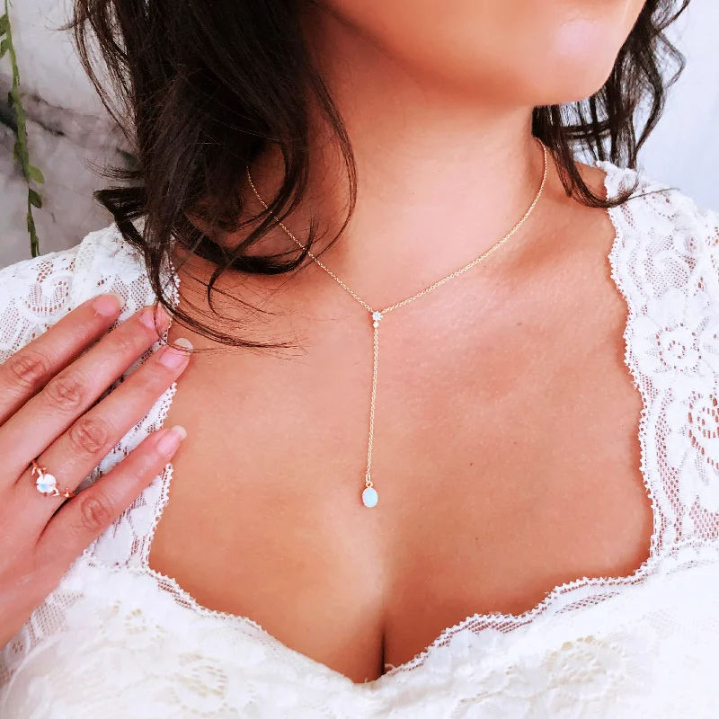 Simple Silver Chain Necklace-Aolani Lariat • CZ + Opal Necklace