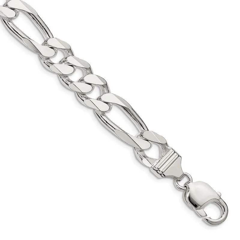 Silver Bracelet with Diamond Details-Sterling Silver 10.75mm Figaro Chain Bracelet