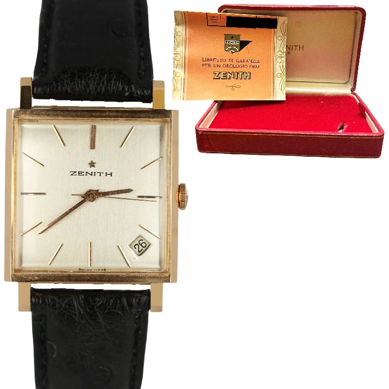 Digital Watches for Men and Women-Vintage Zenith Date 18k Gold Silver Dial Black Leather 29mm Watch B&P