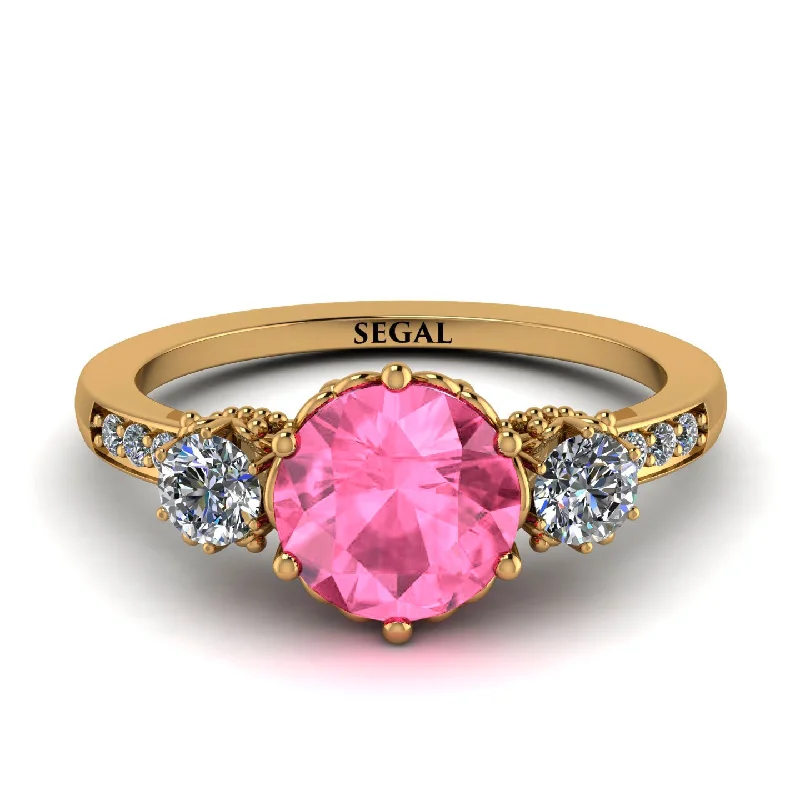 Wedding Ring with Diamond Accent-Vintage 3 Stones Pink Moissanite Ring With Micro Pave - Luna No. 801