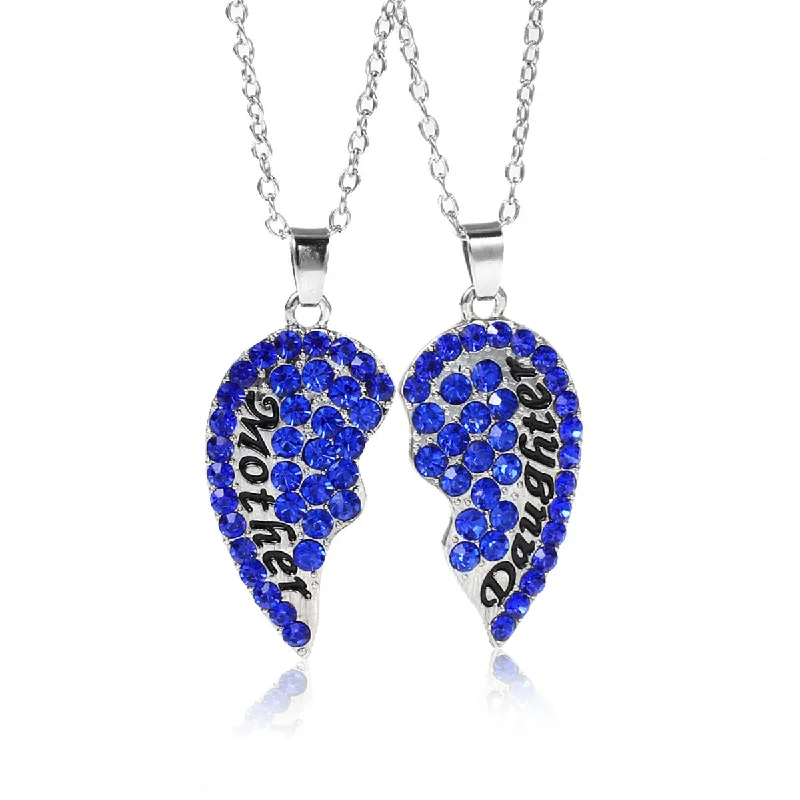 Classic Gold Necklace for Weddings-Necklace Long Link Cable Chain Broken Heart Message " Mother & Daughter " Pendants Royal Blue Rhinestone