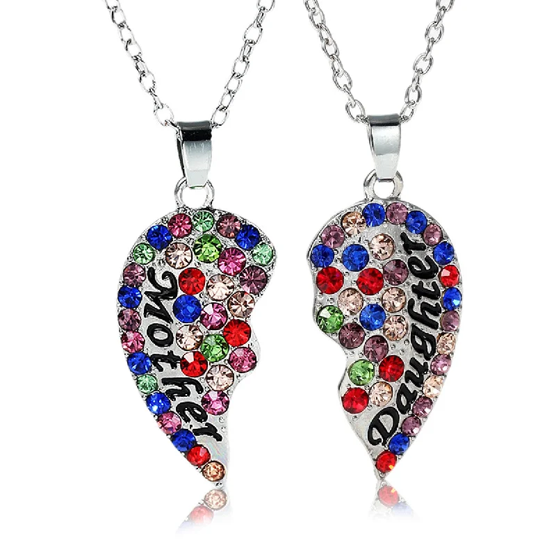 Bold Fashion Necklace for Evening Events-Necklace Long Link Cable Chain Broken Heart Message " Mother & Daughter " Pendants Multi Color Rhinestone