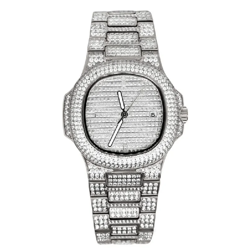 Luxury Watches for Corporate Gifting-Modern CZ Stainless Steel Watch in White Gold