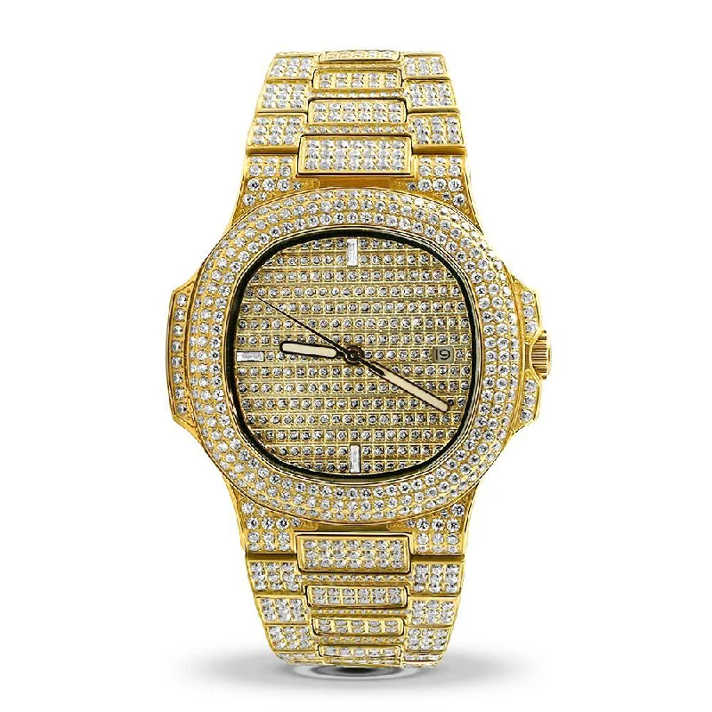 Designer Watches with Custom Engraving-Modern CZ Stainless Steel Watch in Gold