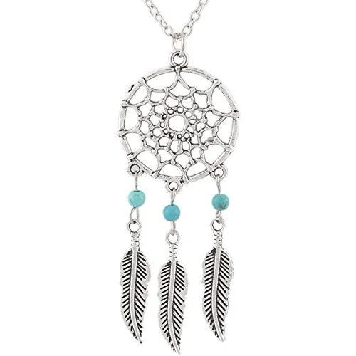 Elegant Silver Necklace for Formal Occasions-Vintage Necklace Link Cable Chain Silver Tone Dreamcatcher Feather Pendant 52.0cm(20 4/8") long