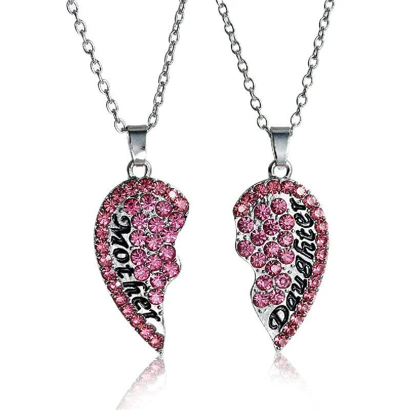 Elegant Wedding Necklace for Brides-Necklace Long Link Cable Chain Broken Heart Message " Mother & Daughter " Pendants Pink Rhinestone