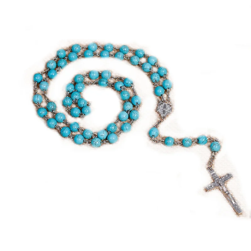 Elegant Chain Necklace for Weddings-SEXY SPARKLES Christian / Catholic Cross Religious Prayer Rosary Beads Y Shaped Lariat Turquoise Color Necklace