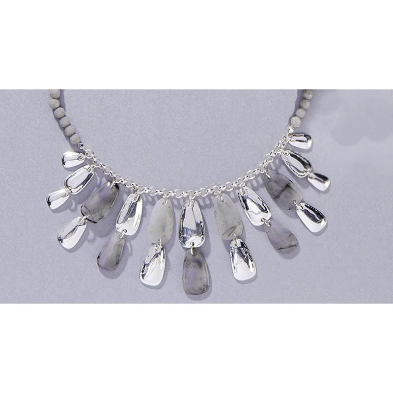 Pearl and Crystal Necklace for Weddings-Charlie Paige Silver Necklace w/ Gray & Silver Dangles