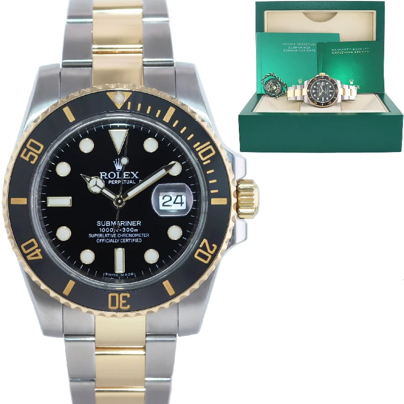 Leather Strap Watches for Men-MINT Rolex Submariner 116613 Two Tone Steel Yellow Gold Black Ceramic Watch Box