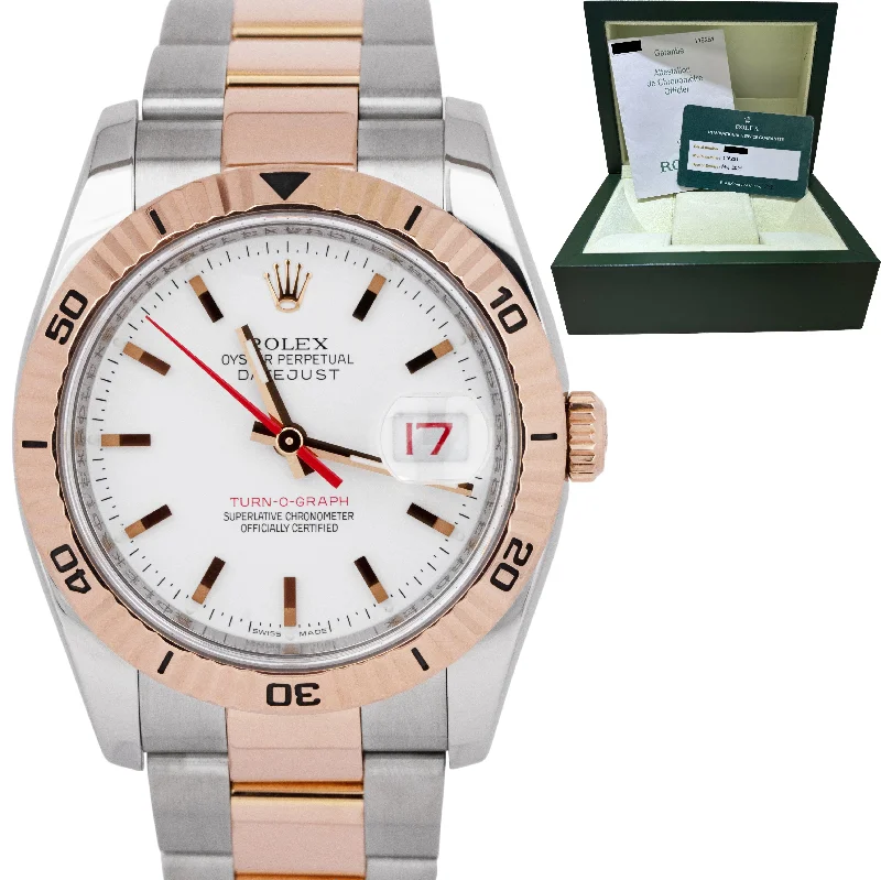 Classic Watches with Leather Strap for Men-RSC 2021 Rolex DateJust Turn-O-Graph 36mm White Two-Tone Rose Gold 116261