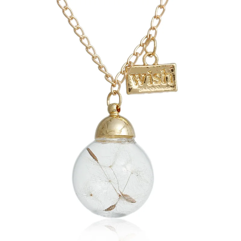 Silver Beaded Necklace for Fashion-"Wish" Dandelion Clear Glass Ball Pendant Necklace Gold Tone Link Curb Chain Make a wish