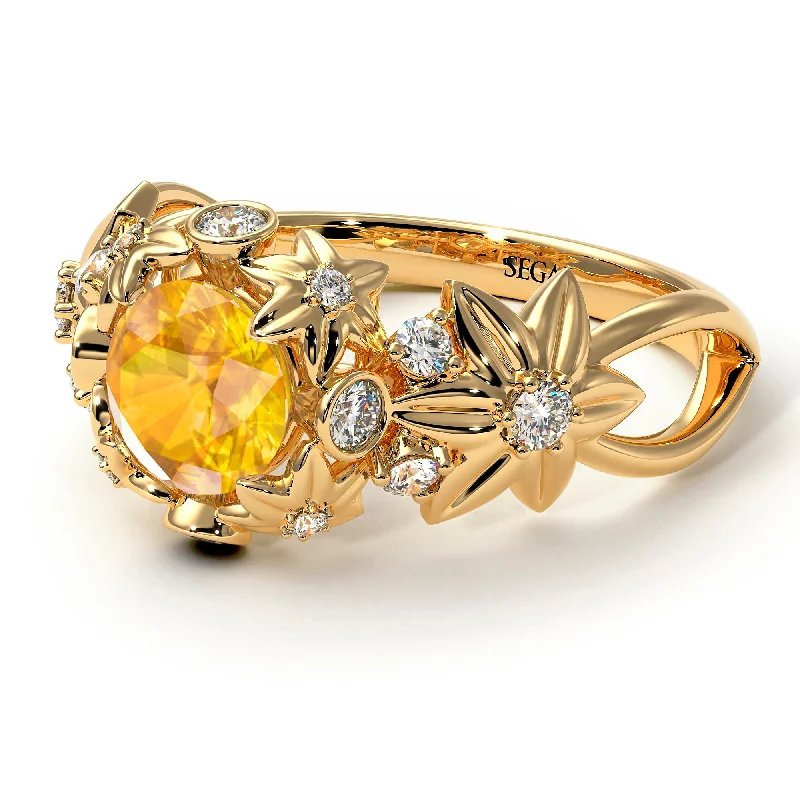 Simple Men’s Gold Band Ring-Flowers And Branches Yellow Diamond Ring - Katherine no. 1001