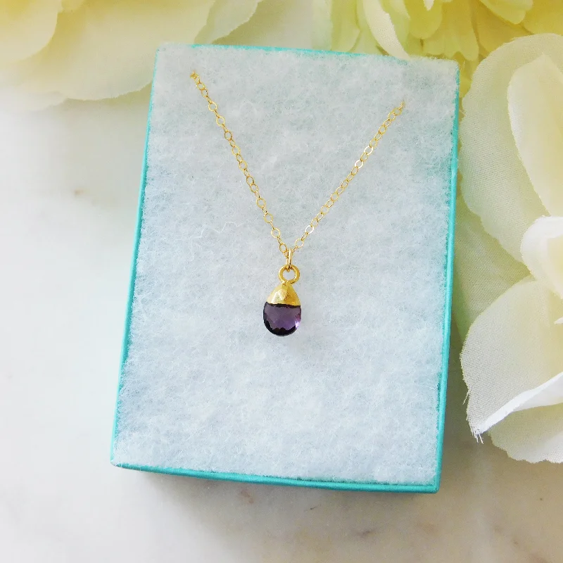 Crystal Bead Necklace for Casual Wear-Tiny Amethyst Drop Gold Necklace