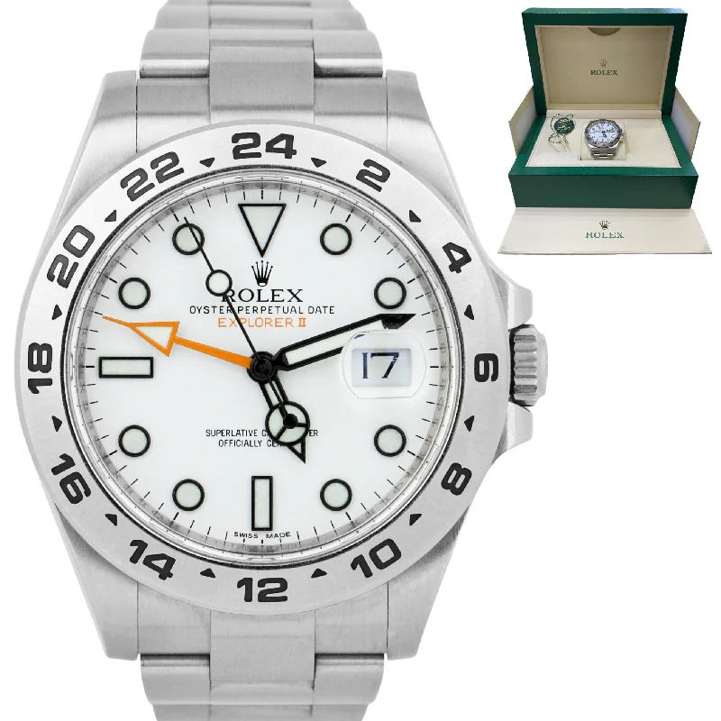 Women's Watches with Leather Straps and Crystal Detail-UNPOLISHED Rolex Explorer II Polar White Orange Steel 42mm GMT Date Watch 216570