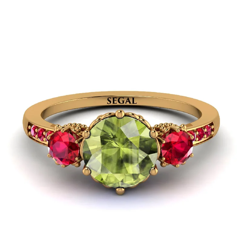 Women’s Wedding Ring with Emerald-Vintage 3 Stones Peridot Ring With Micro Pave - Luna No. 713